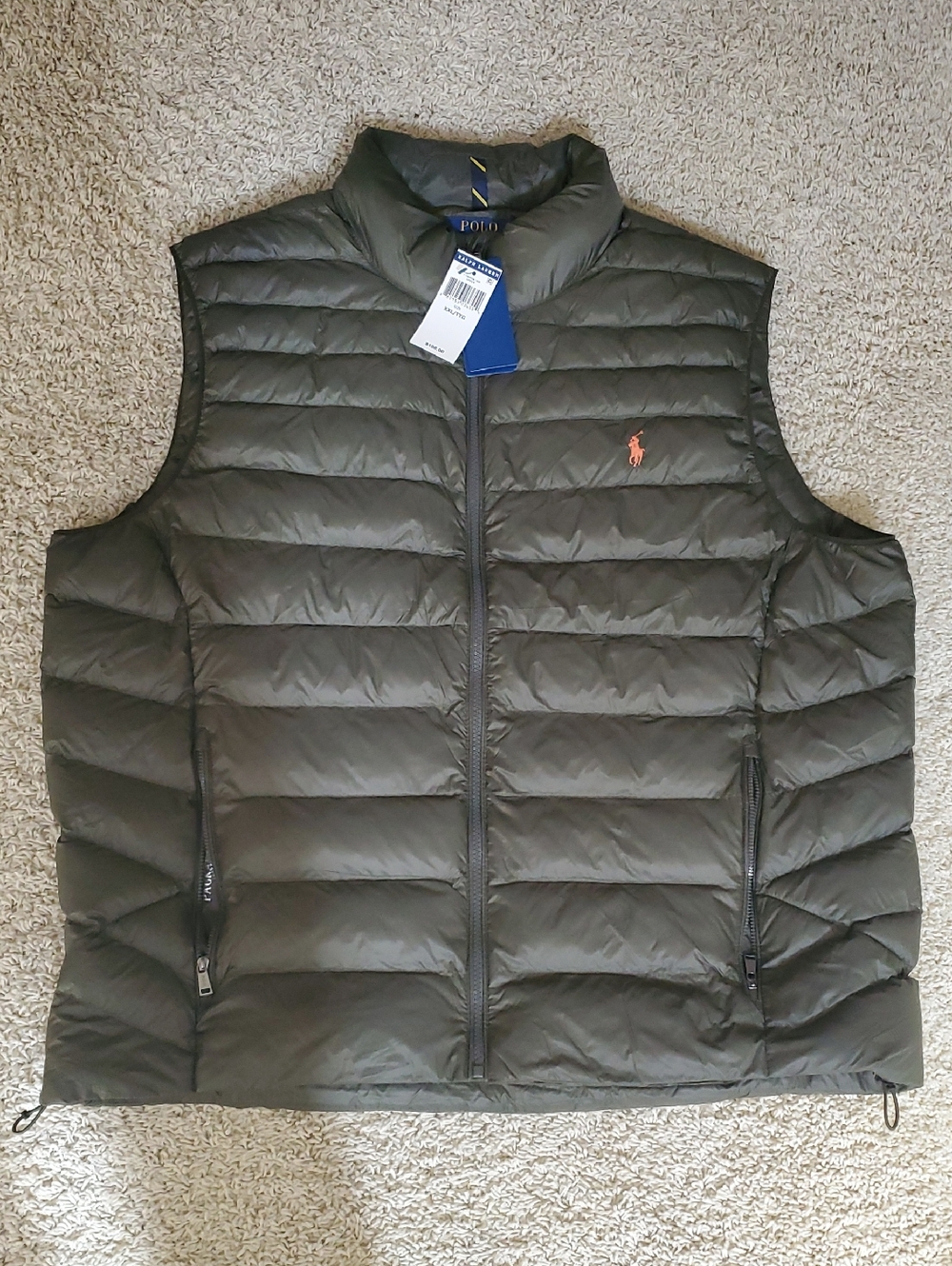 Polo by Ralph Lauren Olive Quilted Puffer Vest with Orange Pony